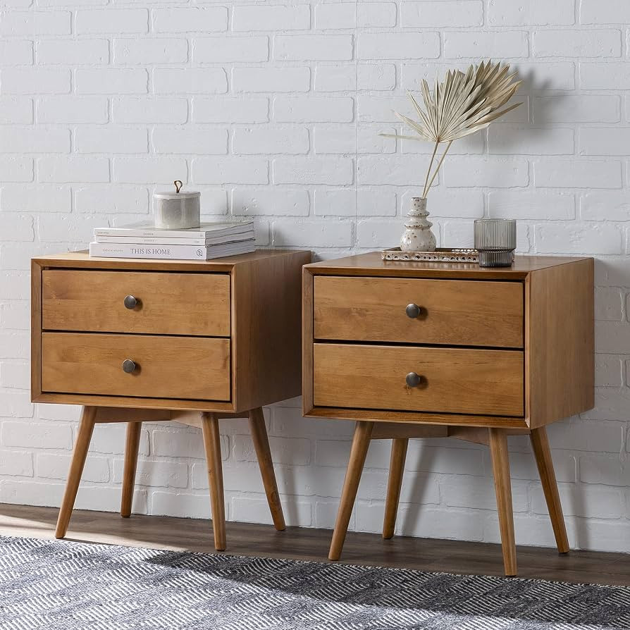 Walker Edison Ella Mid-Century Modern 2-Piece 2-Drawer Solid Wood Nightstand Set, 2 Pack, Caramel | Amazon (US)