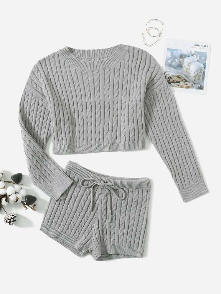 Drop Shoulder Cable Knit Sweater & Tie Waist Shorts Set | SHEIN