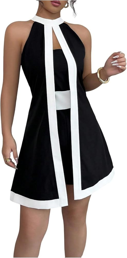 SOLY HUX Women's Color Block Halter Romper Split Front Sleeveless Elegant Short Jumpsuits | Amazon (US)