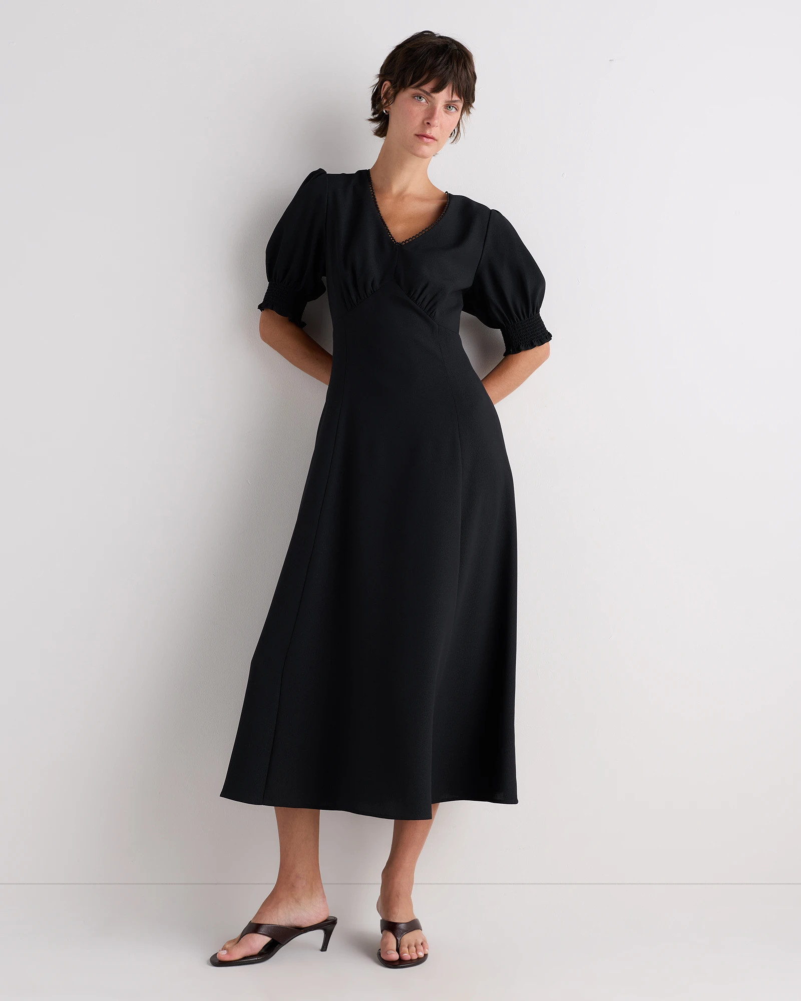 Quince | Women's Matte Crepe Puff Sleeve Midi Dress in Forest Green, Size Large, Viscose | Quince