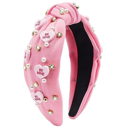 TULOBI Valentine's Day Headband for Women Pink Heart Knotted Headband with BE MINE Design Pearl R... | Amazon (US)