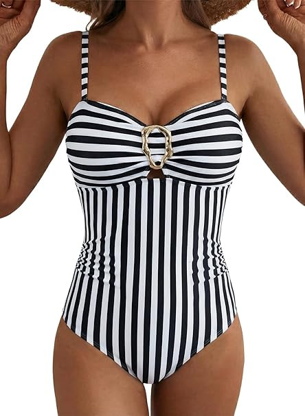 Aleumdr Womens Striped One Piece Swimsuit Tummy Control Bathing Suit with Metal Ring Cutout Swimw... | Amazon (US)