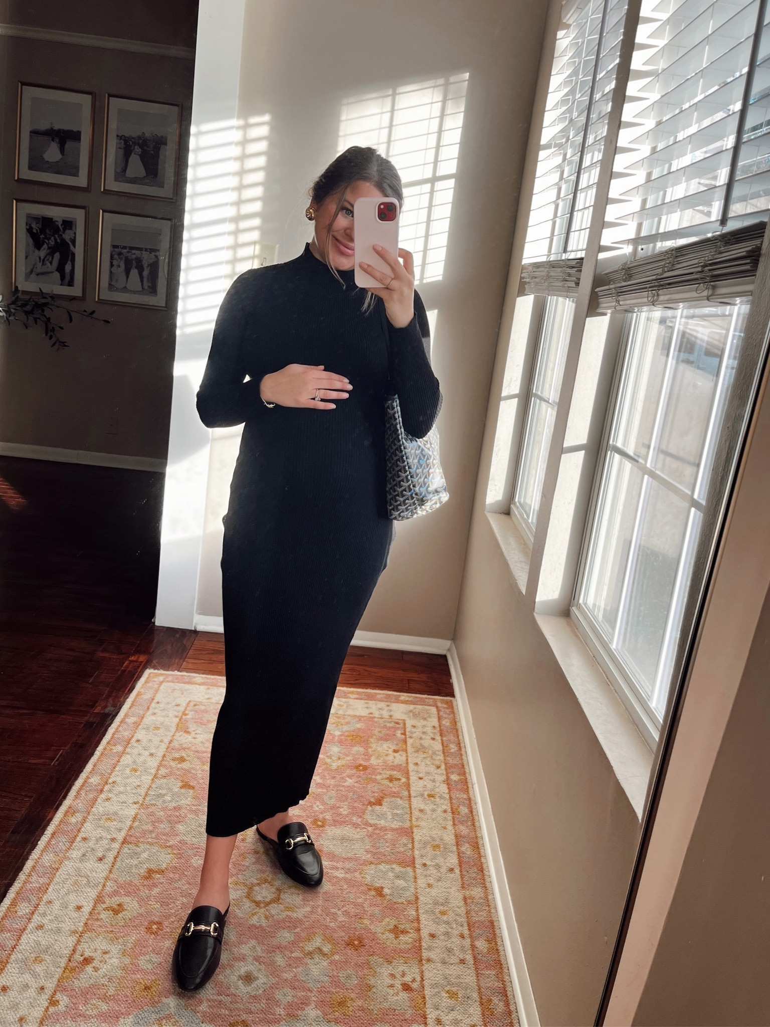 Winter dress can be dressed up or down. Today I’m wearing this to my check up appt for baby and then to the office for work. Wearing a size XS. Swap out the black slides for the red velvet color and make it a holiday look 🎅 

Ribbed dress. Mock neck. Shein. Bump friendly. Third trimester. Pregnancy. Winter dress. Holiday outfit. Gucci dupe. Black mules. Gold studs. Large gold studs. Luv Aj. Office outfit. Corporate outfit. Maternity

#LTKworkwear #LTKbump #LTKfindsunder50
