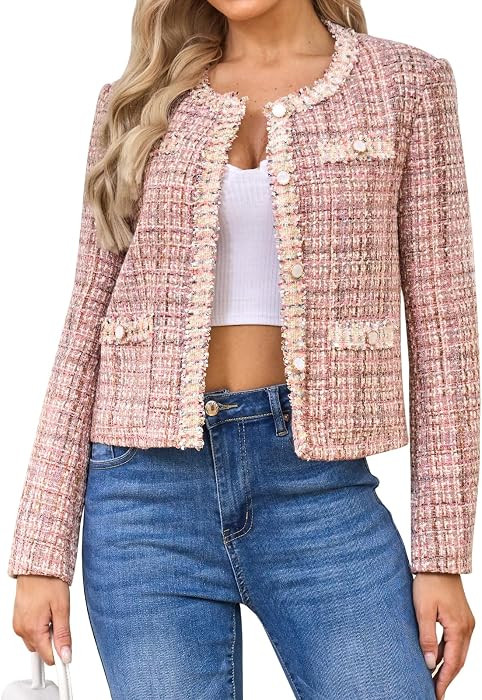 Xaspee Women's Tweed Blazers Cropped Long Sleeve Collarless Plaid Jacket | Amazon (US)