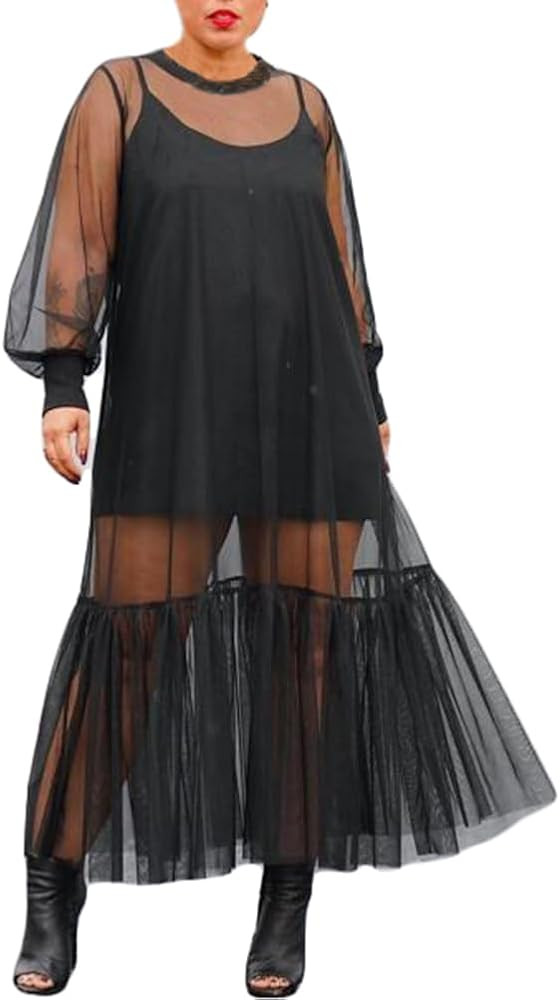 Women See Through Mesh Cover Ups Long Dress with Lining Loose Tulle Sheer Dresses for Party Photo... | Amazon (US)