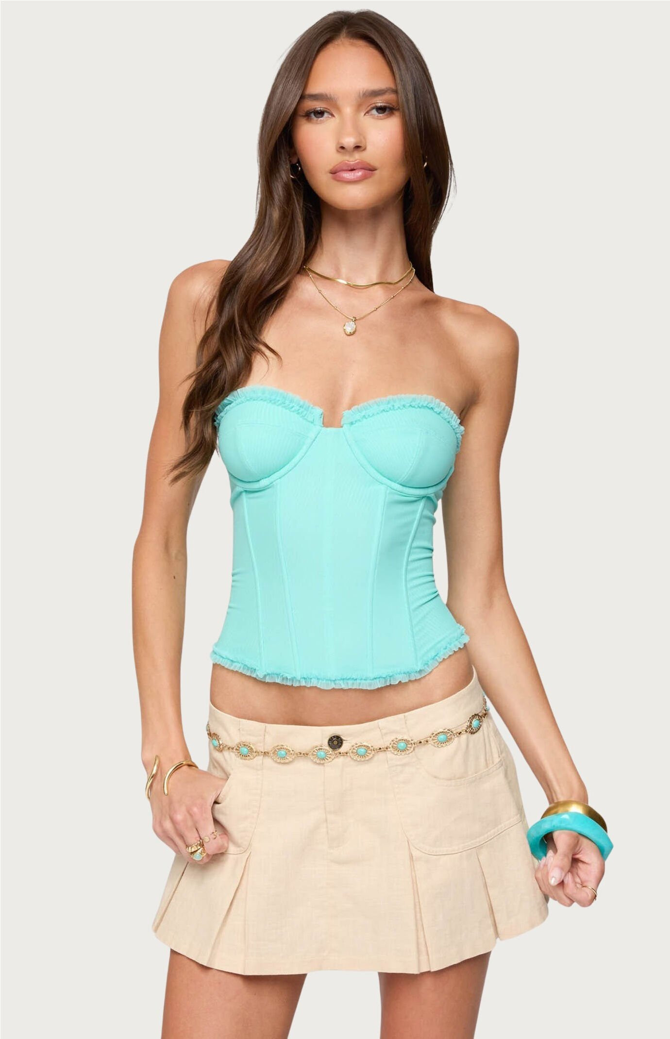 Edikted Women's Deirdre Mesh Lace Up Corset in Turquoise - Size Medium | PacSun