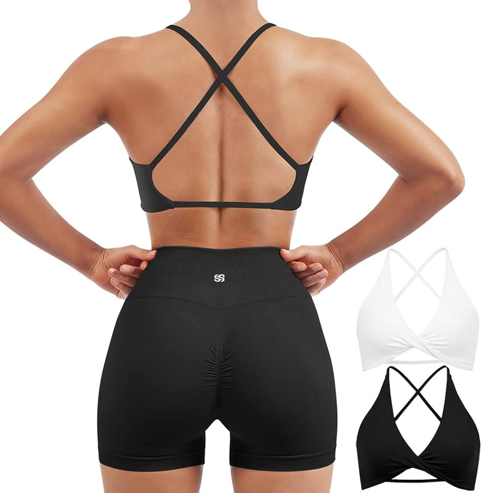 SUUKSESS Women 2 Piece Open Back Strappy Sports Bra Pack Twist V Neck Workout Crops | Amazon (US)