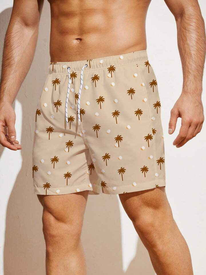 Manfinity Men Coconut Tree Print Drawstring Waist Swim Trunks | SHEIN