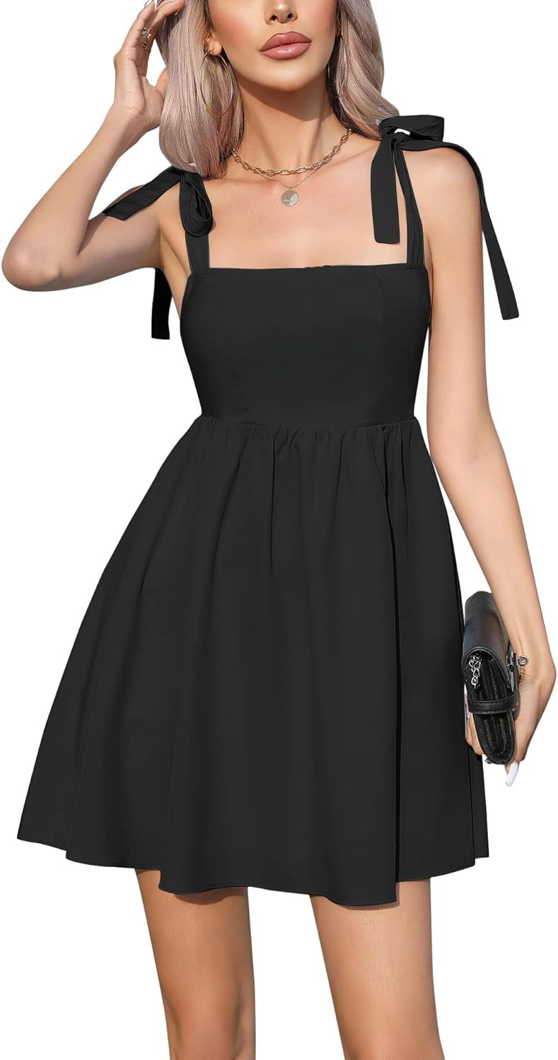 EXLURA Women’s Summer Tie Strap A Line Cute Mini Dresses Square Neck Smocked Flowy Sexy Sundres... | Amazon (US)