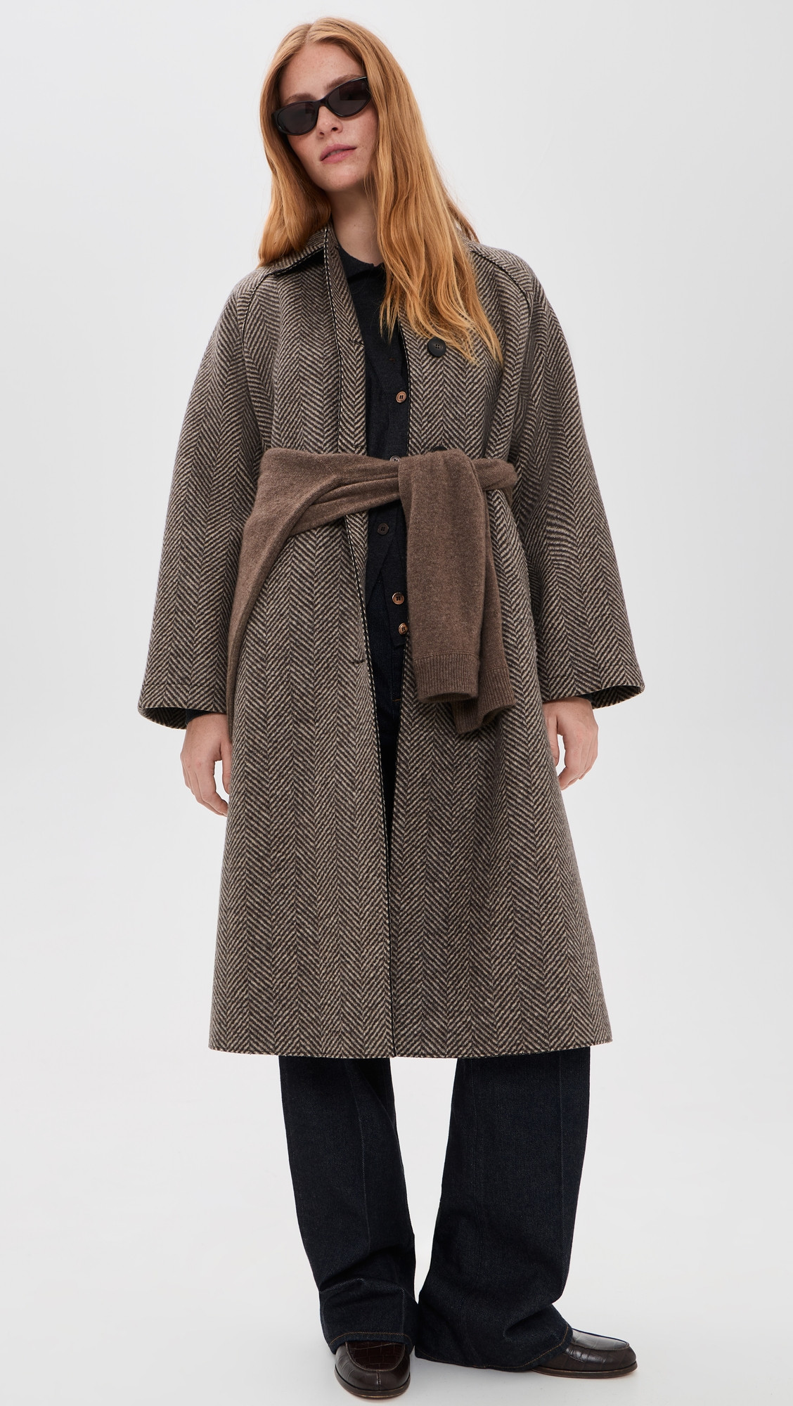 Harris Wharf London Balmacaan Patterned Cashmere Blend Jacket Cream & Brown Herringbone 46 | Shopbop