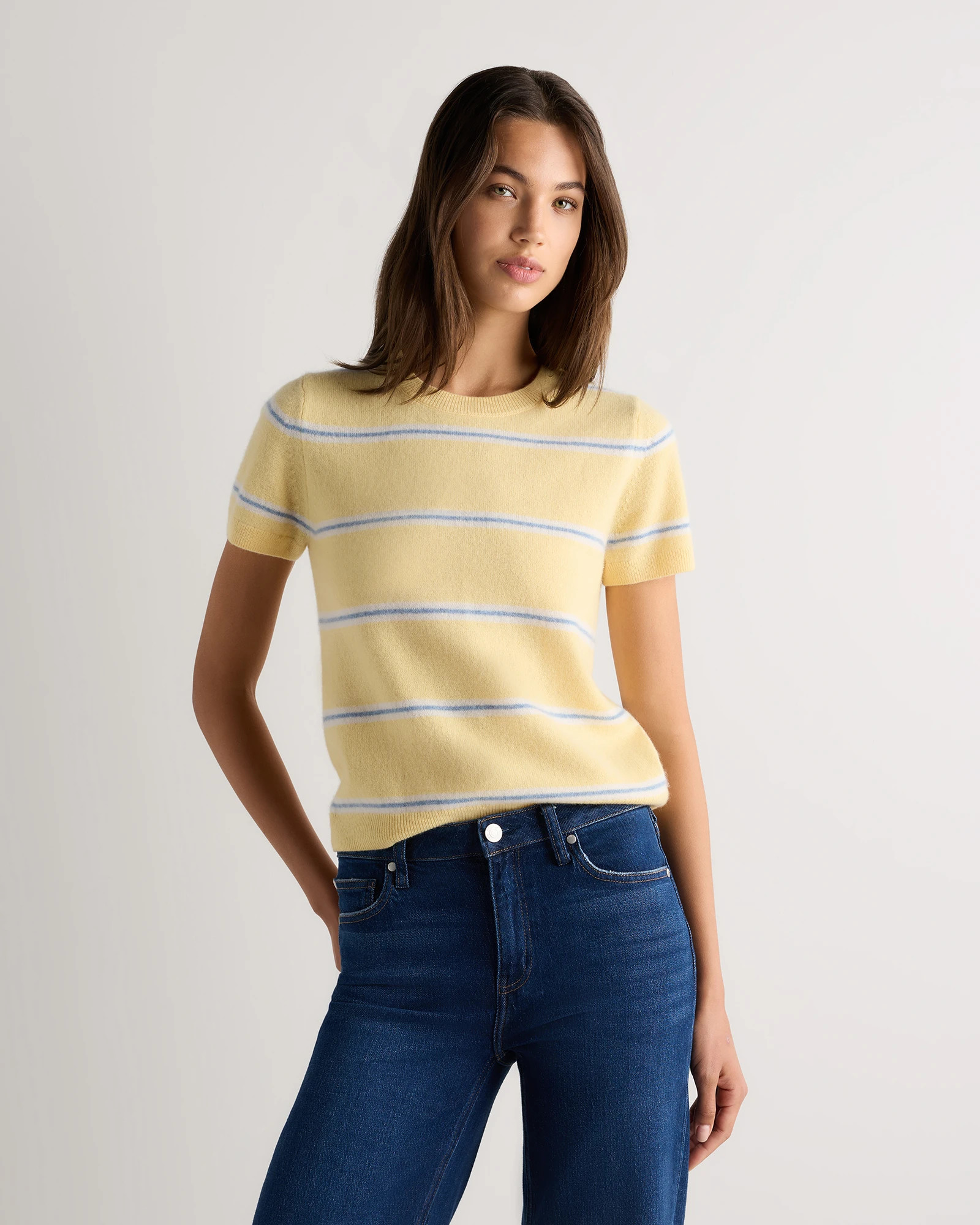Cashmere Tee in Butter Yellow / Faded Denim Variegated Stripe | Quince