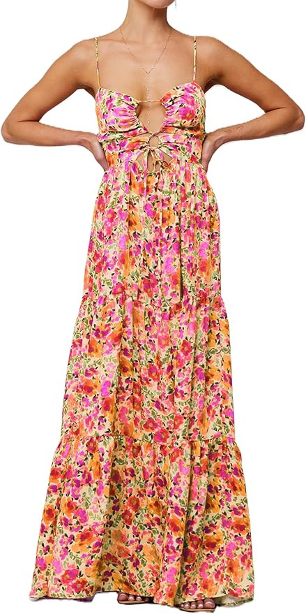 Women Y2k Floral Summer Casual Sleeveless Maxi Dresses Sexy Backless Bodycon Dresses Spaghetti St... | Amazon (US)