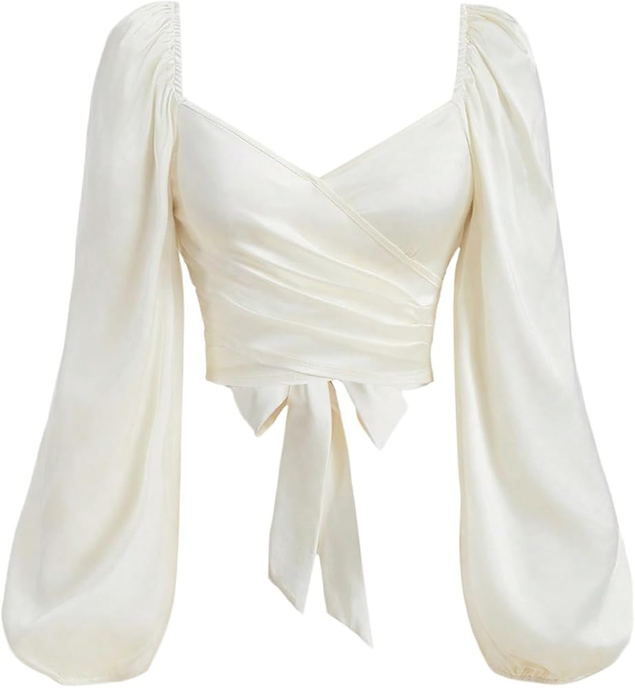SOLY HUX Women's Lantern Long Sleeve Wrap Ruched Bow Tie Blouse Sweetheart Neck Satin Going Out C... | Amazon (US)