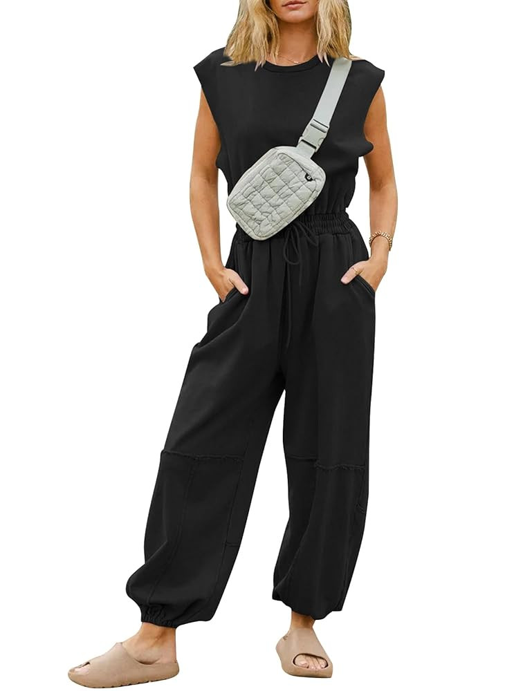 Kissonic Jumpsuits for Women Casual Crewneck Cap Sleeve Drawstring Romper One Piece Outfits with ... | Amazon (US)
