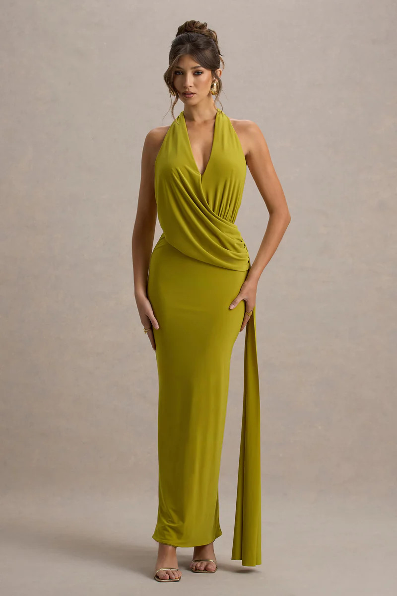 Rosina  Green Halter-Neck Draped Maxi Dress With Sash | Club L London