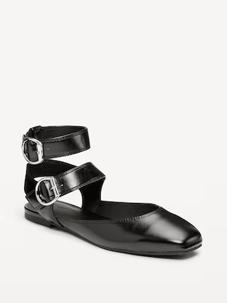 Faux-Leather Double Ankle-Strap Flats for Women | Old Navy (US)