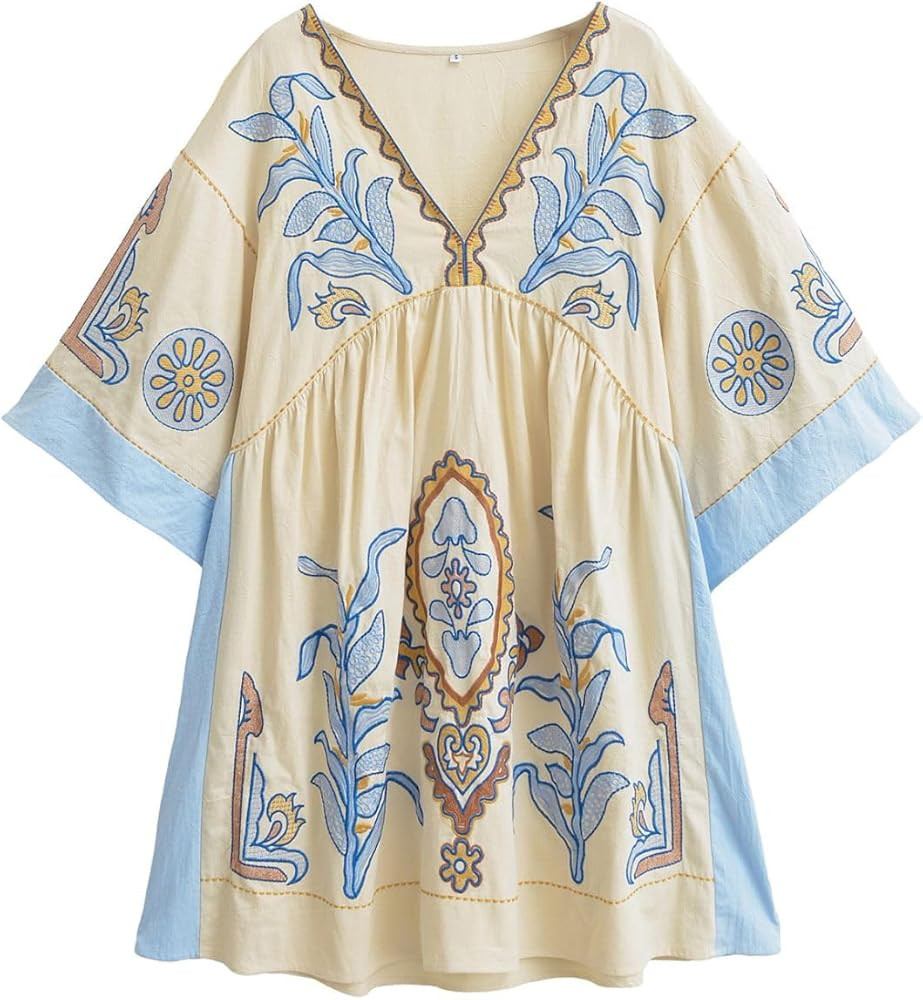 Womens Oversized Embroidered Dress with V-Neck and 3/4 Sleeves Vintage Embroidery Babydoll Dress | Amazon (US)