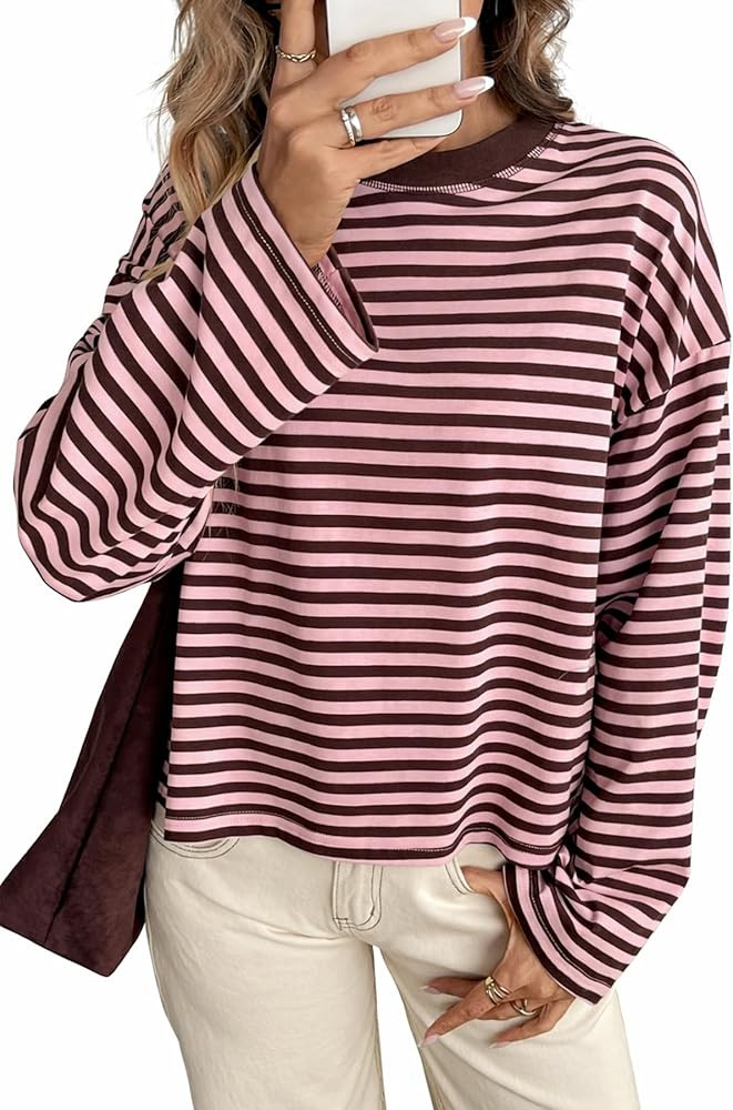 CHYRII Women Oversized Striped Long Sleeve T Shirt Fashion 2026 Crewneck Casual Fall Spring Tops ... | Amazon (US)