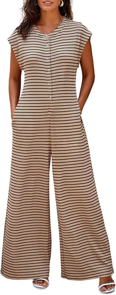Cicy Bell Overol casual a rayas para mujer, manga casquillo, pierna ancha, con botones, para viaj... | Amazon (US)