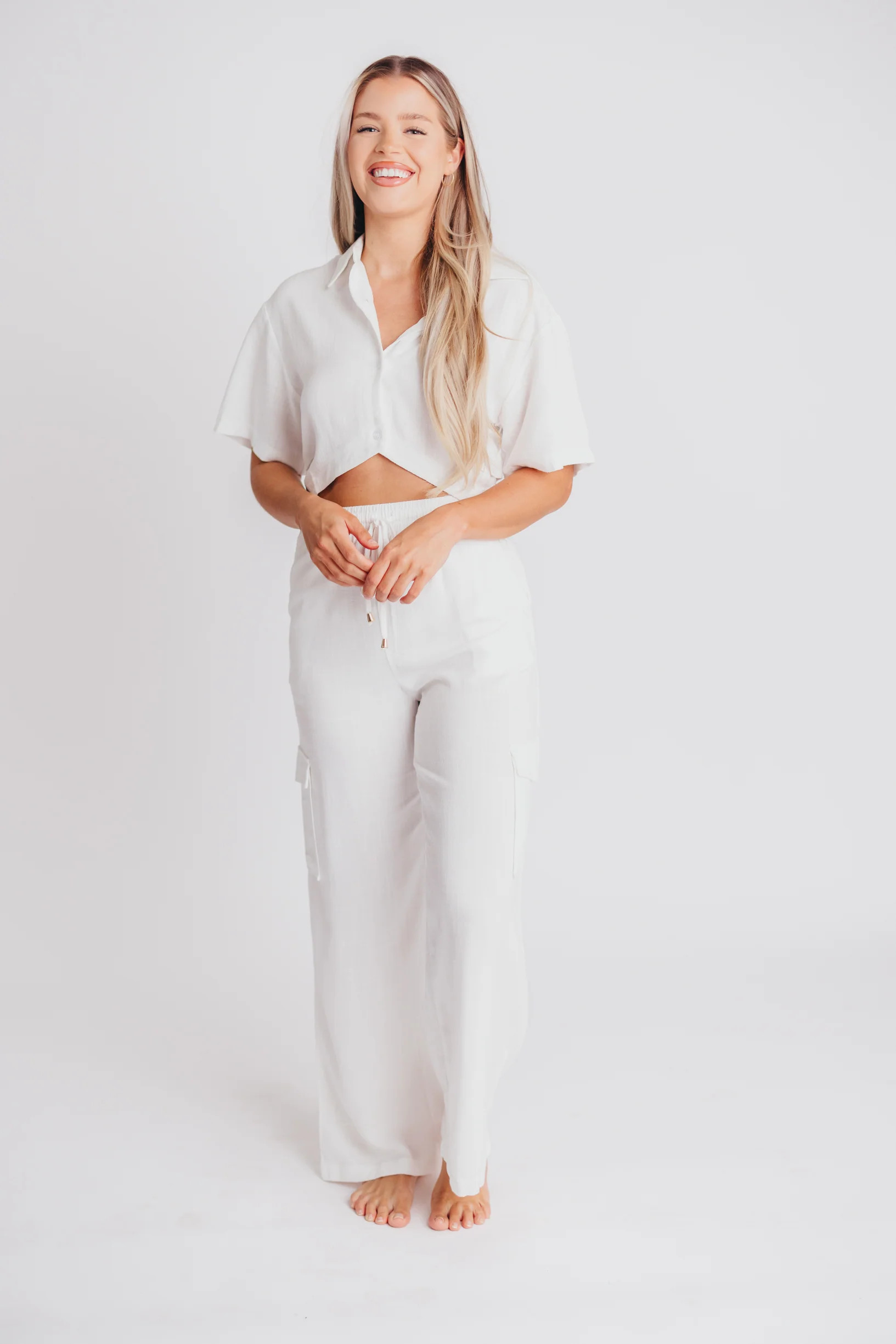 Short Sleeve Soft Linen Blend Hi-Low Cropped Shirt in Off-White | Worth Collective
