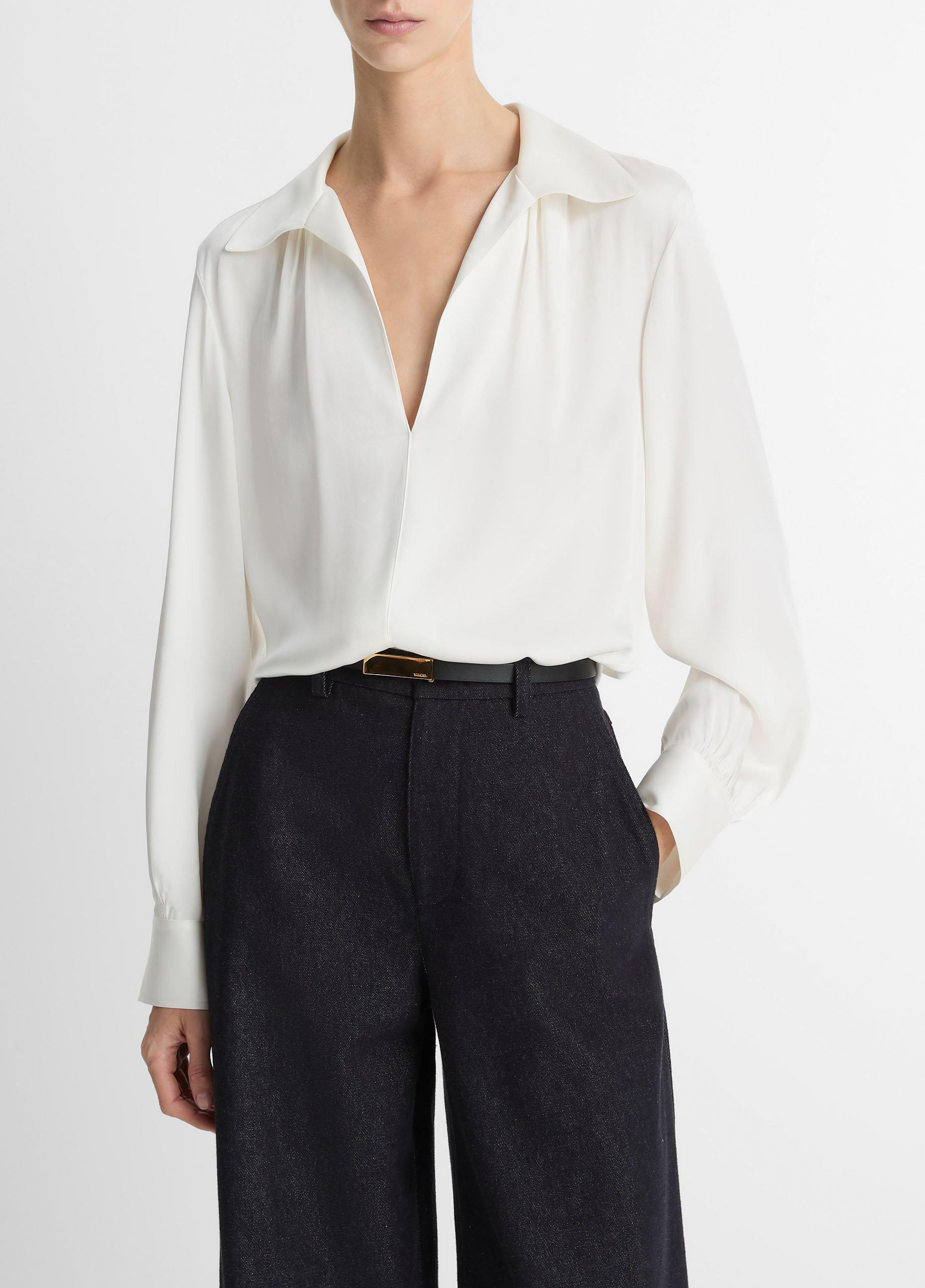 Women's Smocked Silk-Blend Long-Sleeve Blouse, Off White, Size S Vince | Vince LLC