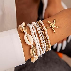 Beach Bracelets for Women Bohemian Stackable Heishi Surfer Bracelet Set Elastic Seashell Starfish... | Amazon (US)
