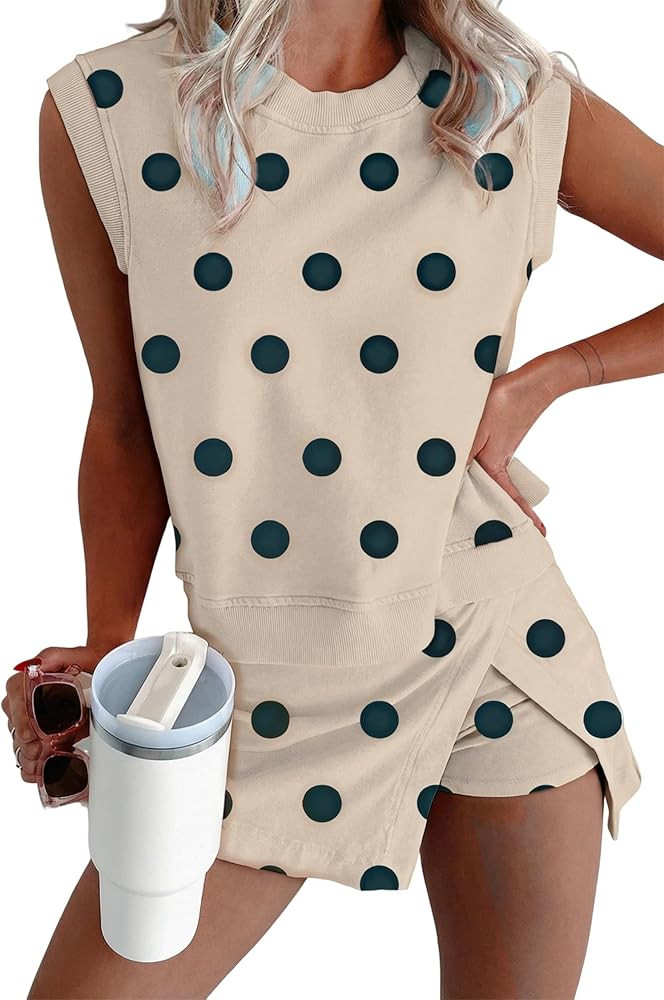 KevaMolly Womens Lounge Sets Ribbed Trim Polka Dot Print Tank Split Mini Skort 2pcs Set Sleeveles... | Amazon (US)