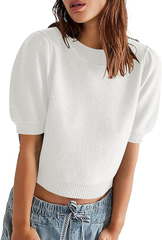 Chang Yun Women's Puff Short Sleeve Pullover Sweaters Tops Summer Trendy Crewneck Casual Knitted ... | Amazon (US)