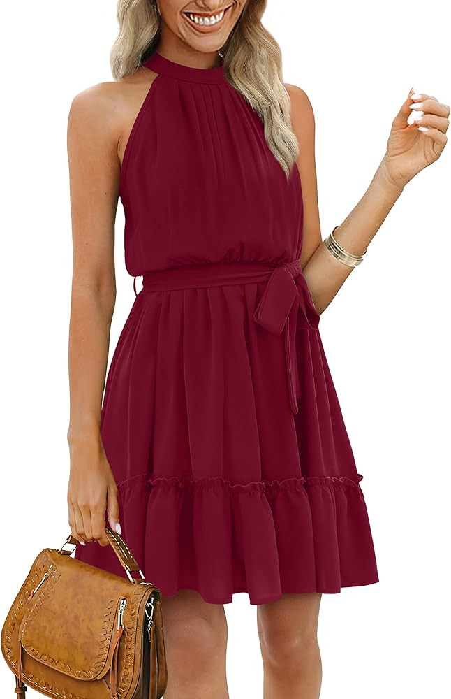 XIEERDUO Womens Summer Dresses Halter Neck Pleated Front Tie Waist Backless Ruffle Sun Dress | Amazon (US)