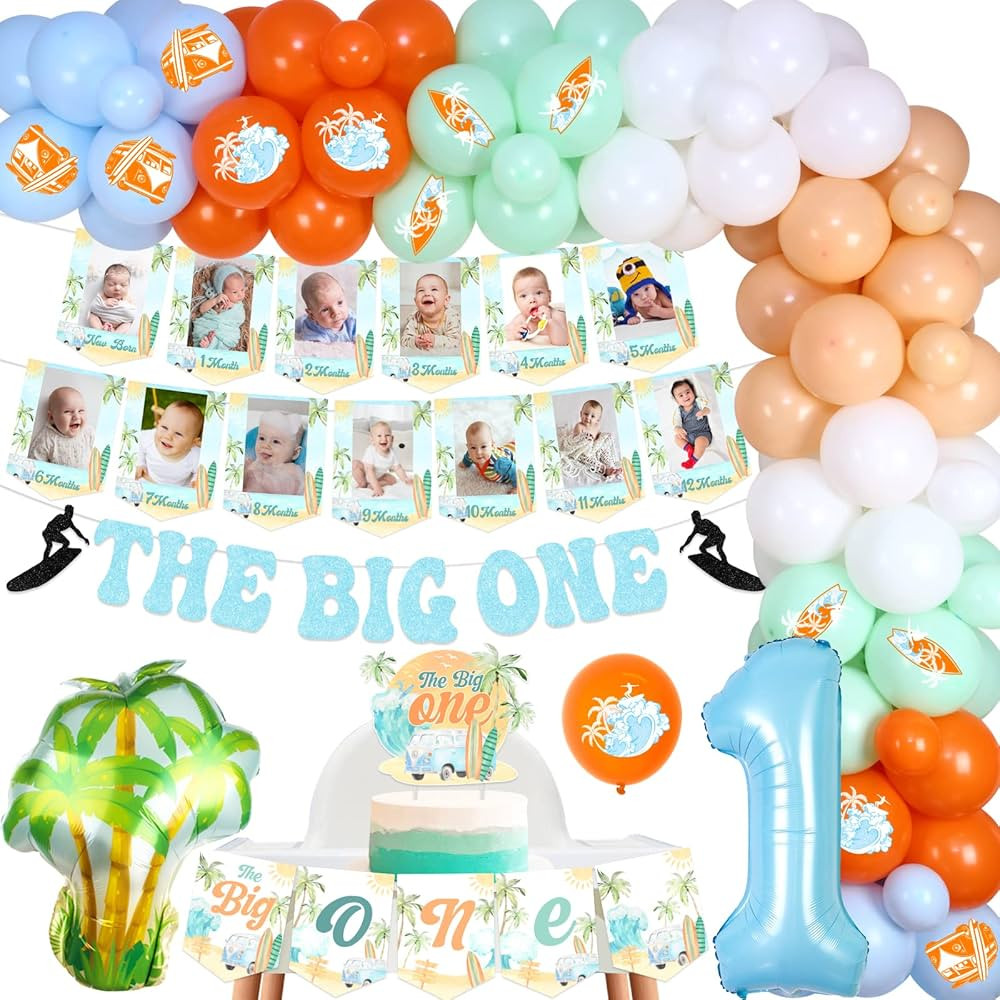 Surfing First Birthday Decorations, Retro Surf Balloons Garland Kit - Summer Beach The Big One Hi... | Amazon (US)
