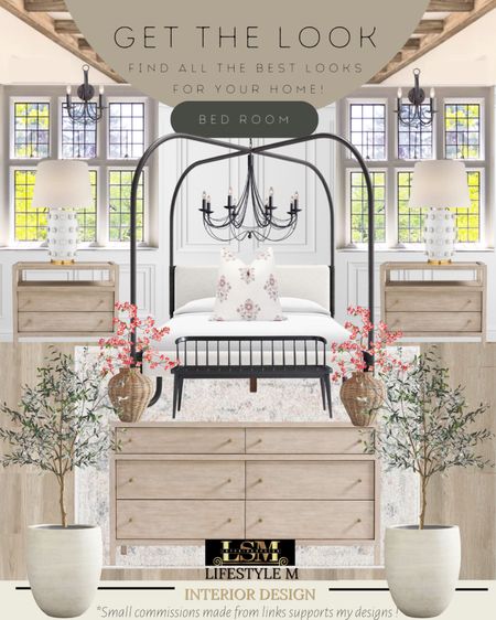 Spring inspired transitional bed room design. Recreate the look with these home furniture and decor finds. Wood dresser, wood night stand, canopy bed, rattan vase, faux fake cherry blossom, black wood bench, bed room rug, floral throw pillow, bedroom chandelier, ceramic white tree planter pot, wood floor tiles, white bubble table lamp, lamp sconce light. #LTKSpring

#LTKhome #LTKSeasonal #LTKFind