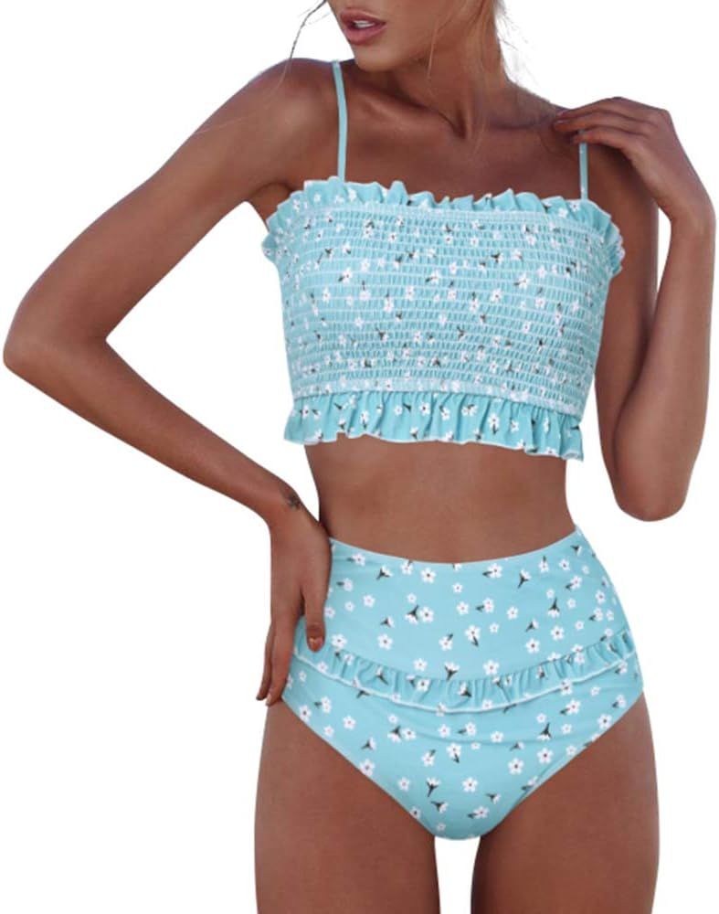 RXRXCOCO Womens Shirred Bandeau Bikini Cute Two Piece Swimsuit Off Shoulder High Waist Bathing Su... | Amazon (US)