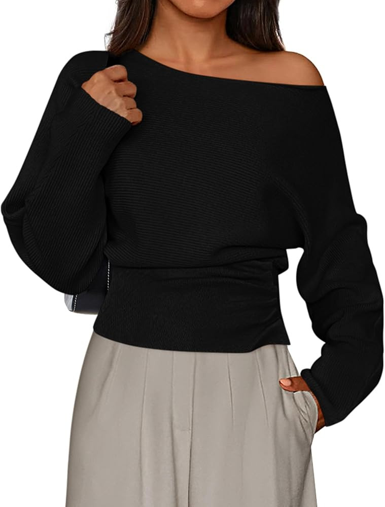PRETTYGARDEN Women Off The Shoulder Sweater 2025 Fall Trendy Long Batwing Sleeve Knit Pullover Go... | Amazon (US)