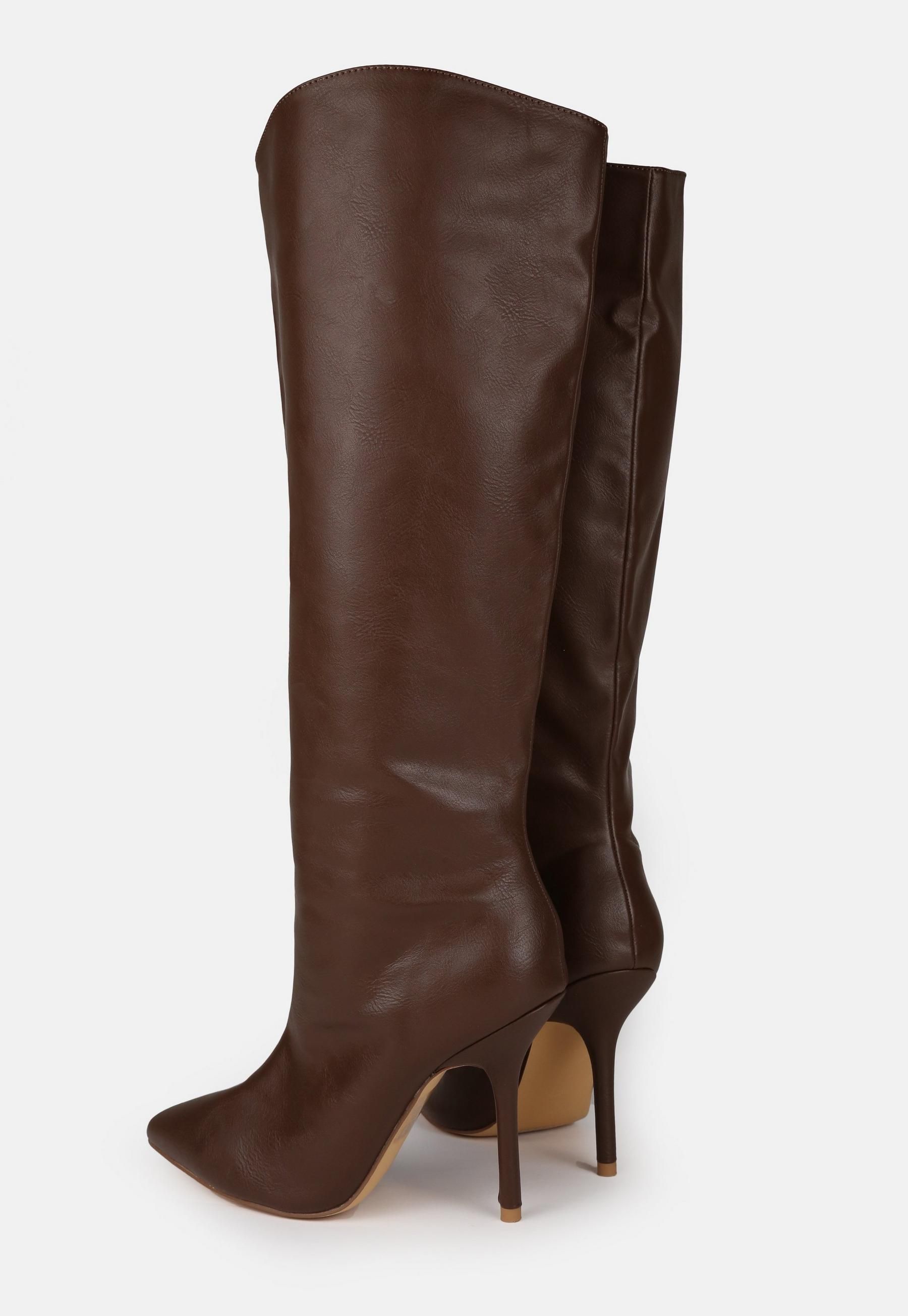 Chocolate Faux Leather Pointed Toe Tubular Heeled Boots | Missguided (US & CA)