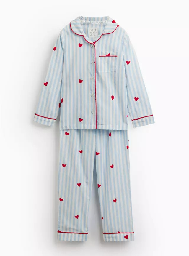 Mini Me Blue Valentine's Striped Traditional Pyjamas 8-9 years | Tu Clothing