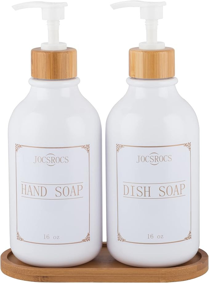 Dish Soap Dispenser for Kitchen Sink, Bathroom Soap and Lotion Dispenser Set with Bamboo Soap Tra... | Amazon (US)