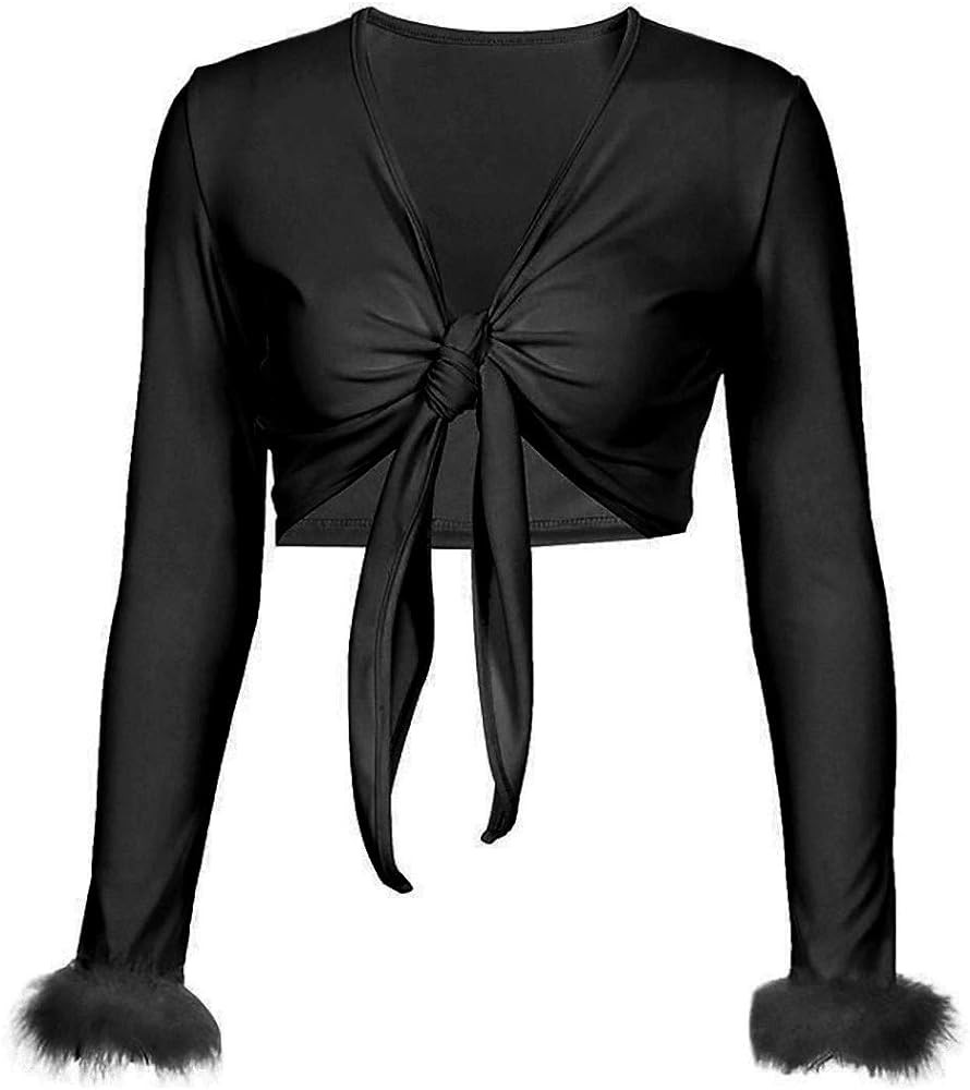 Women Sexy Tie Up Feather Cuff Crop Top Deep V Neck Long Sleeve Shirt Faux Fur Wrapped Blouse | Amazon (US)