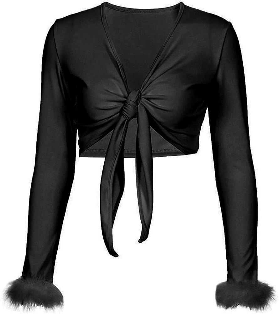 Women Sexy Tie Up Feather Cuff Crop Top Deep V Neck Long Sleeve Shirt Faux Fur Wrapped Blouse | Amazon (US)