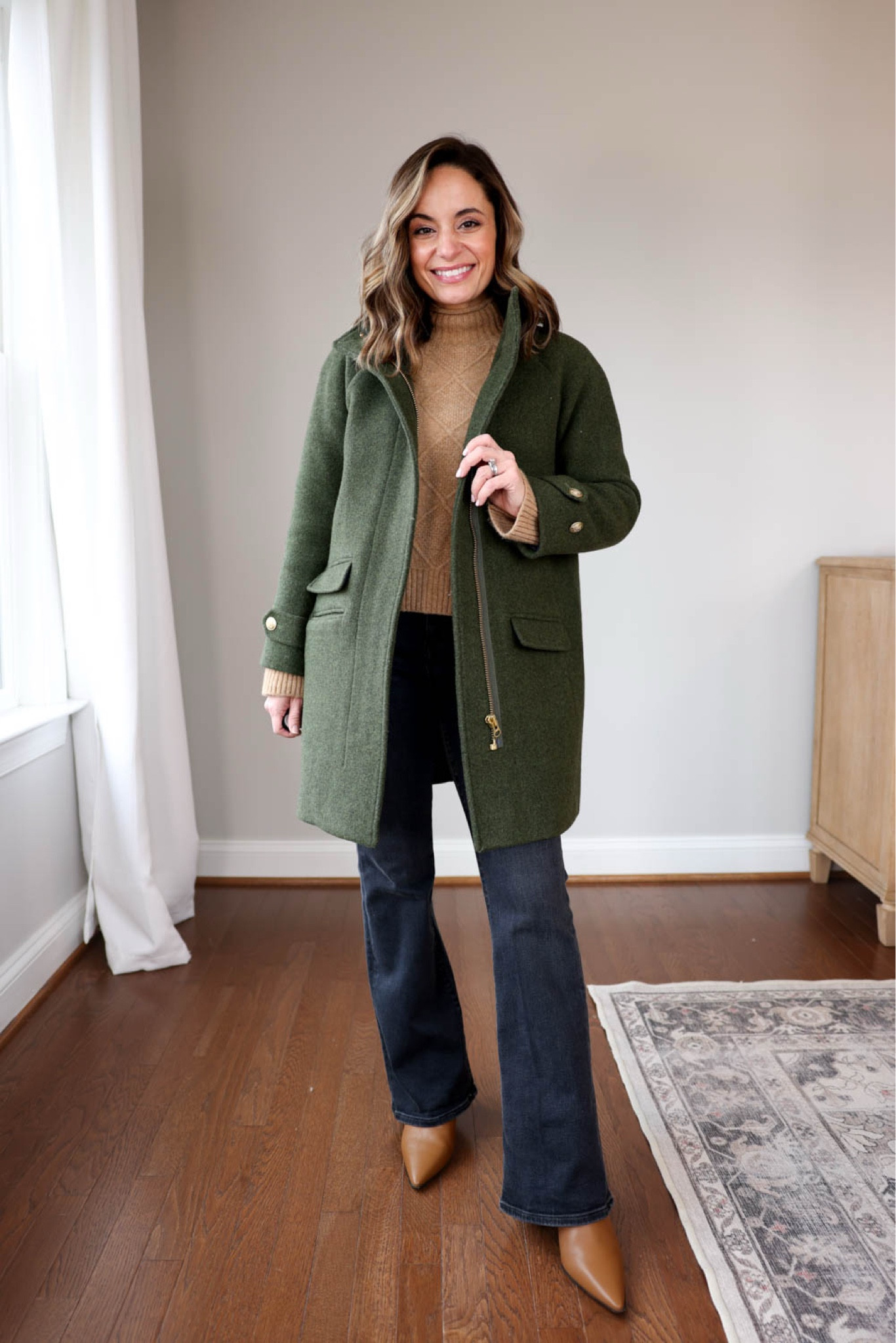 2024 winter favorites series - the things I’ve been wearing the most lately! 

Bootcut jeans (J.Crew): petite 24 My most worn wash in these jeans is the resin rinse, wearing jessie wash here! 9.5” rise 29.5” inseam in petite (I wear a low heel with this pair and they shrink in length in the wash) 
Sweater (j.crew): xxs 
Coat (j.crew): petite 00 
Crepe turtleneck (j.crew): xs (sheer, great for layering but see through) 
Boots (j.crew): tts, the color I have is sold out 
Socks (amazon): love these socks, they were a little big at first but shrunk in the wash. I wear a size 5 shoe. 

#LTKSeasonal