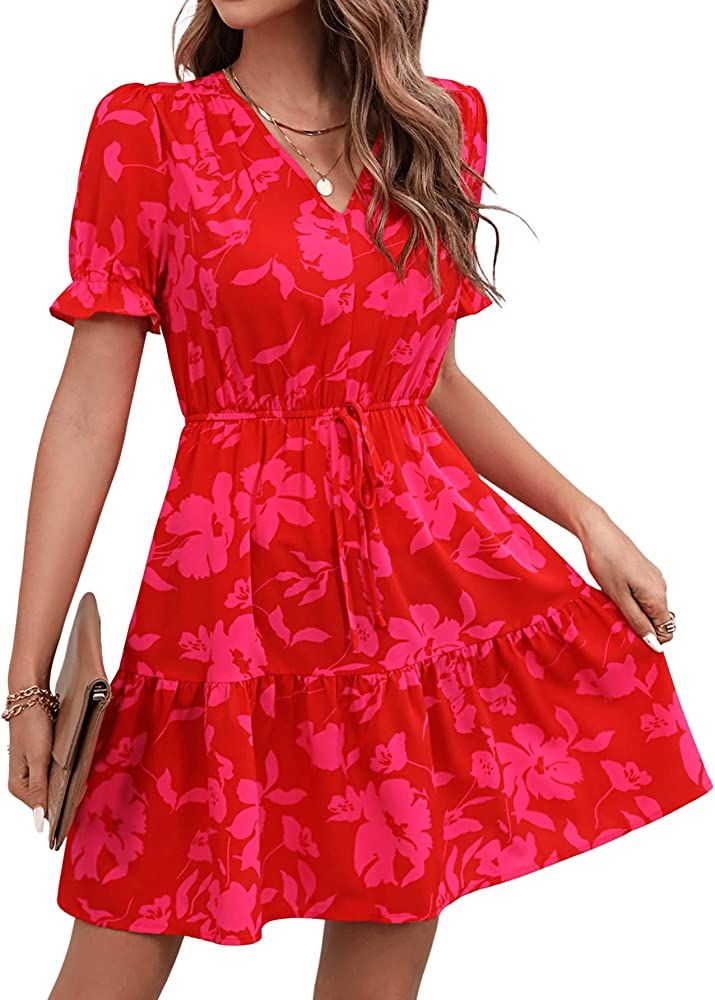 SweatyRocks Women's Floral Print V Neck Dress Short Puff Sleeve Tie Front Ruffle Hem Flare Short ... | Amazon (US)