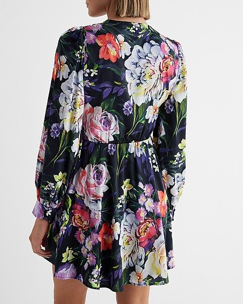 Floral V-Neck Long Sleeve Tie Waist Mini Dress | Express
