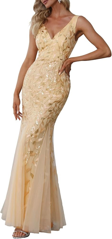 Ever-Pretty Women's Sequin Formal Dress Double V-Neck Sleeveless Mermaid Long Evening Prom Dresse... | Amazon (US)