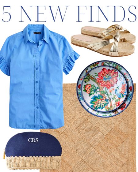 Blue ruffle top, button up shirt, gold sandals, floral plates, woven jute patterned rug, scalloped monogrammed cosmetic travel bag, grandmillennial home, home decor, classic style, preppy style, preppy outfit

#LTKhome #LTKunder100 #LTKSeasonal