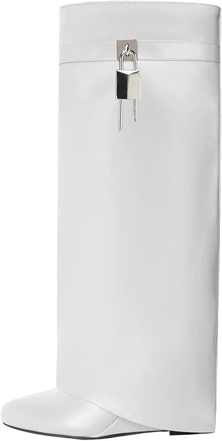 Arqa Fold Over Knee High Boots for Women Covered Wedge Heel Padlock Boot Almond Toe Wide Calf Pul... | Amazon (US)