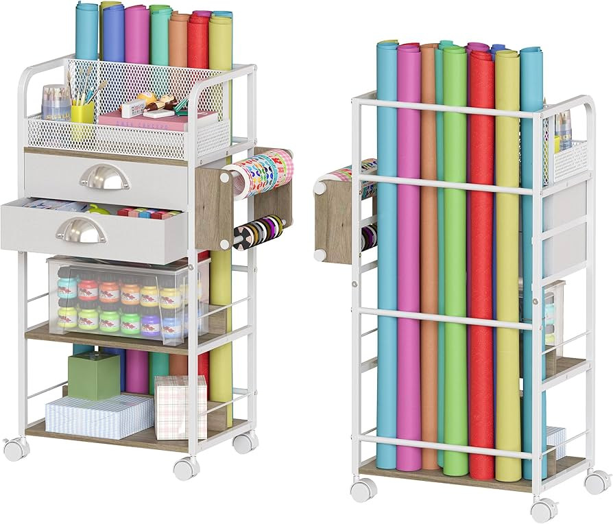 Rolling Craft Storage Cart with 2 Small Fabric Drawers & Lockable Wheels, DIY Organizer for Wrapp... | Amazon (US)