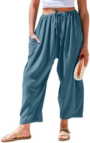 TARSE Womens Linen Wide Leg Pants Casual Loose Drawstring Summer Beach Travel Vacation Palazzo Ha... | Amazon (US)
