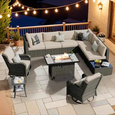 XIZZI Sunrise 11 -Piece Rattan Patio Sofa Conversation Set with Beige Cushions | Lowe's