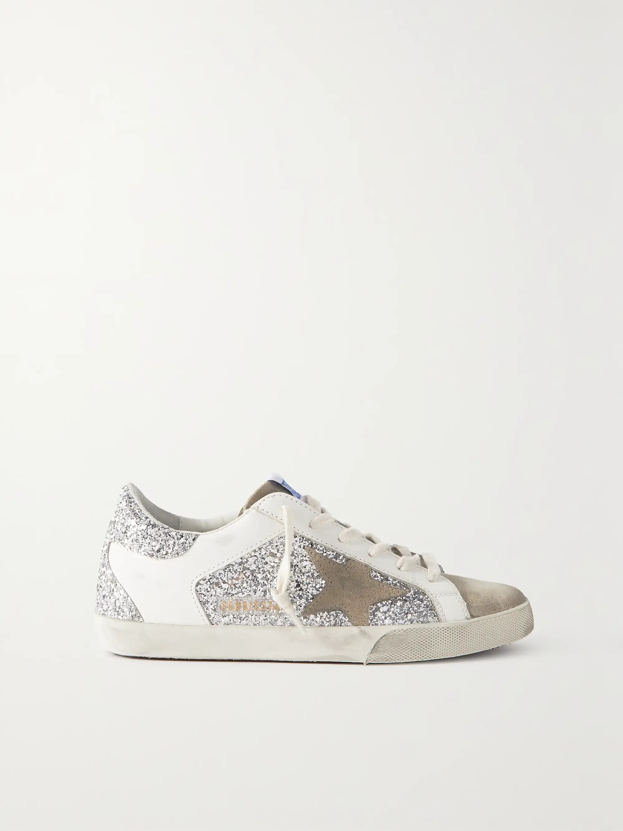 Superstar distressed glittered leather and suede sneakers | NET-A-PORTER (US)