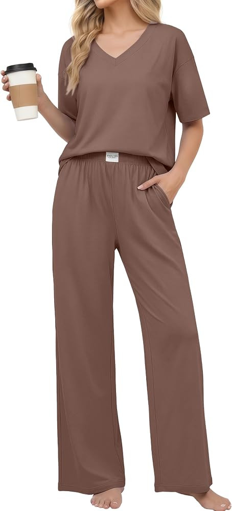 Ekouaer Womens Pajama Sets Cotton Short Sleeve Long Pants Lounge Set | Amazon (US)