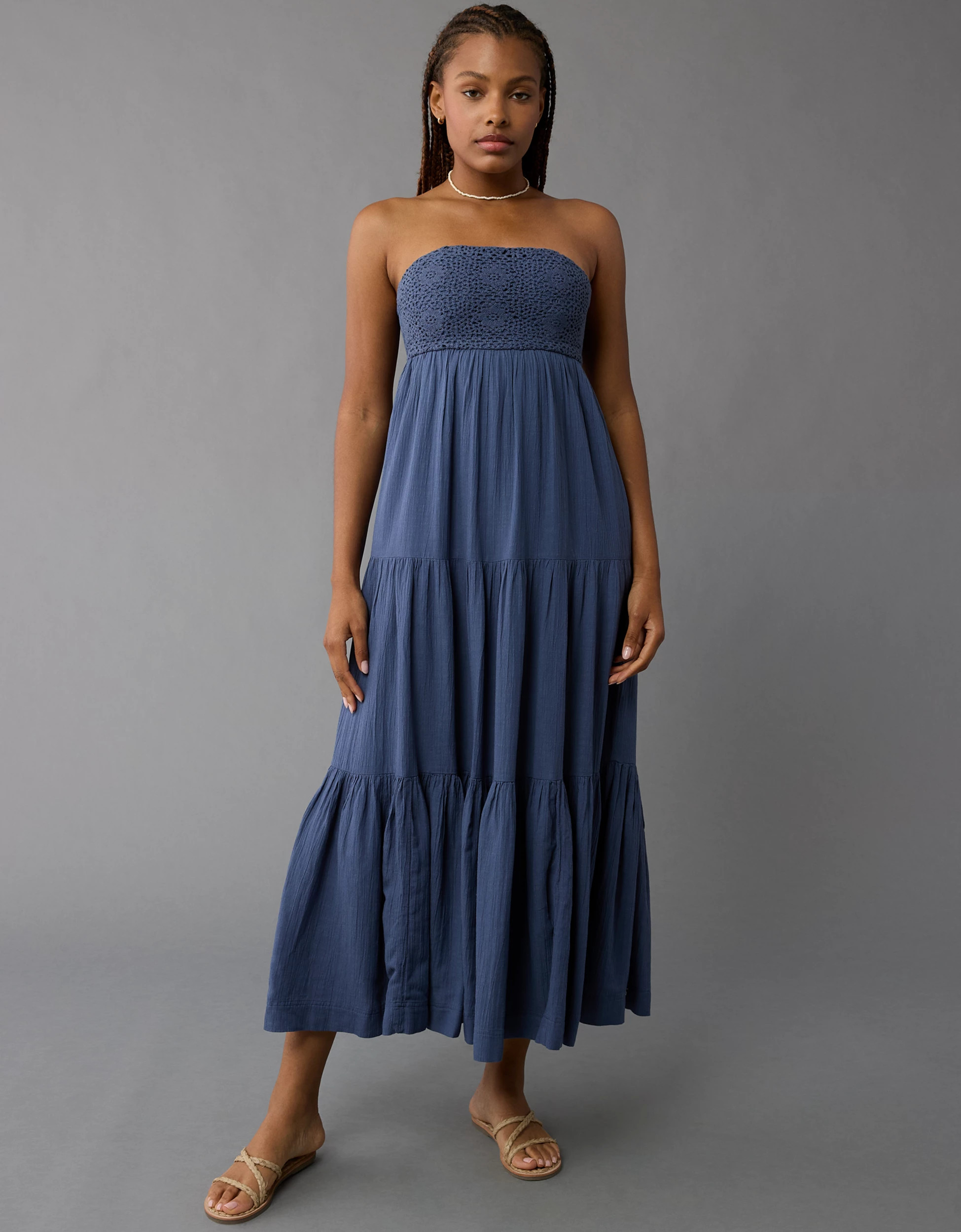 AE Strapless Crochet Babydoll Maxi Dress | American Eagle Outfitters (US & CA)